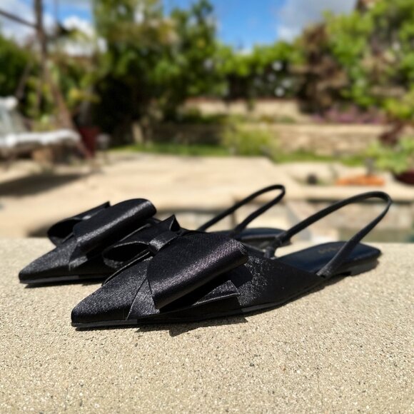 NEW🔥 Black Pointed Closed Toe OverSized Bow Slingback Ballet Flat Mules Slip-On - Picture 3 of 5